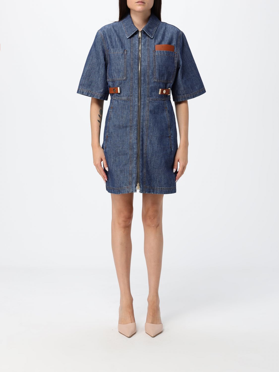 FENDI Mini abito chemisier slim fit in denim di cotone con zip