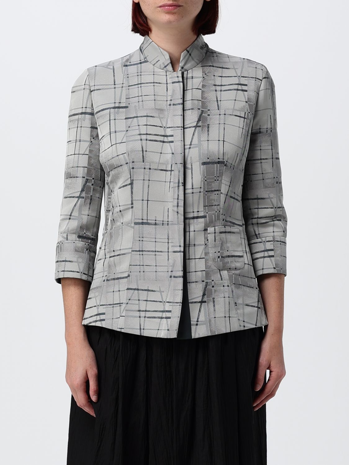 EMPORIO ARMANI Camicia slim fit in poliestere a quadri con collo alla coreana