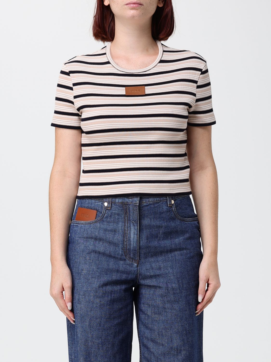 FENDI Gestreiftes Cropped-T-Shirt aus Baumwolle von mit appliziertem Logo