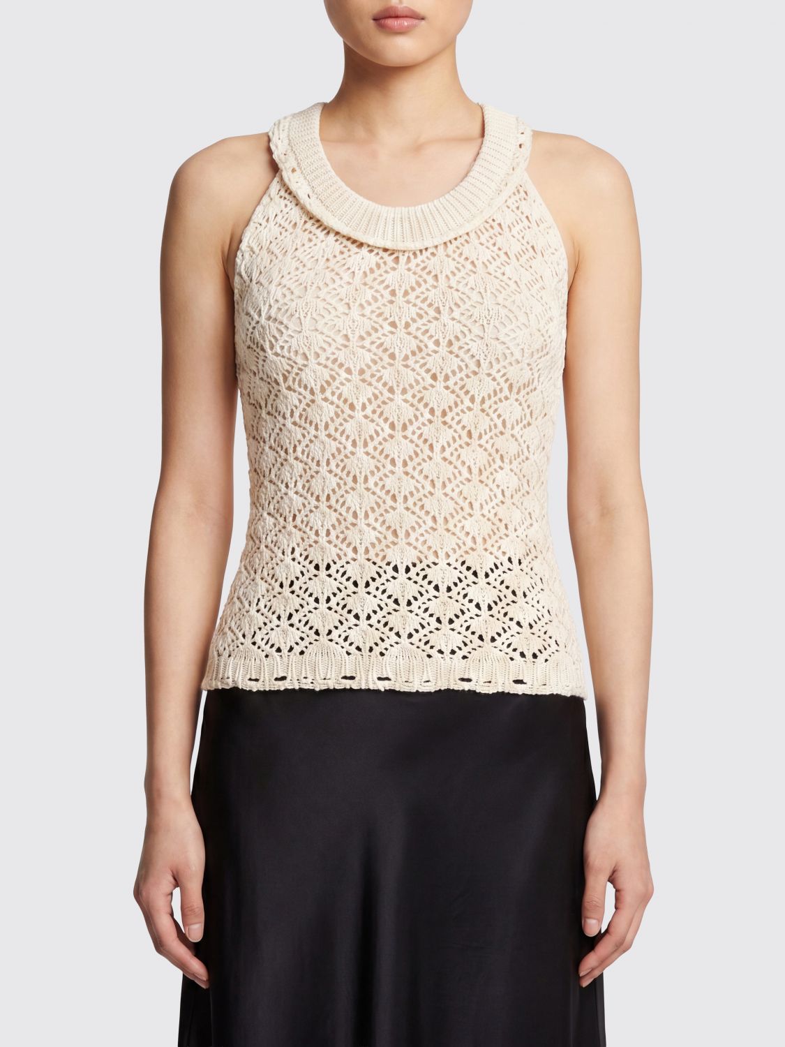 BLUMARINE Top slim fit in crochet con spalle scoperte e scollo rotondo