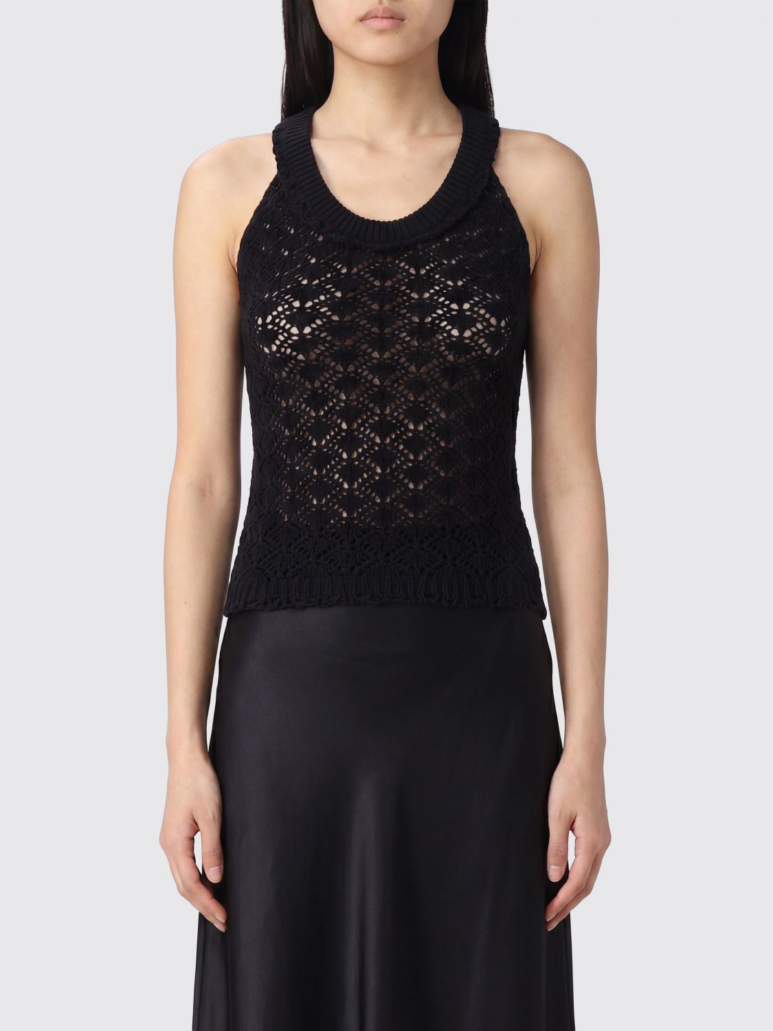 BLUMARINE Slim Fit Off-The-Shoulder Crochet Top with Round Neckline