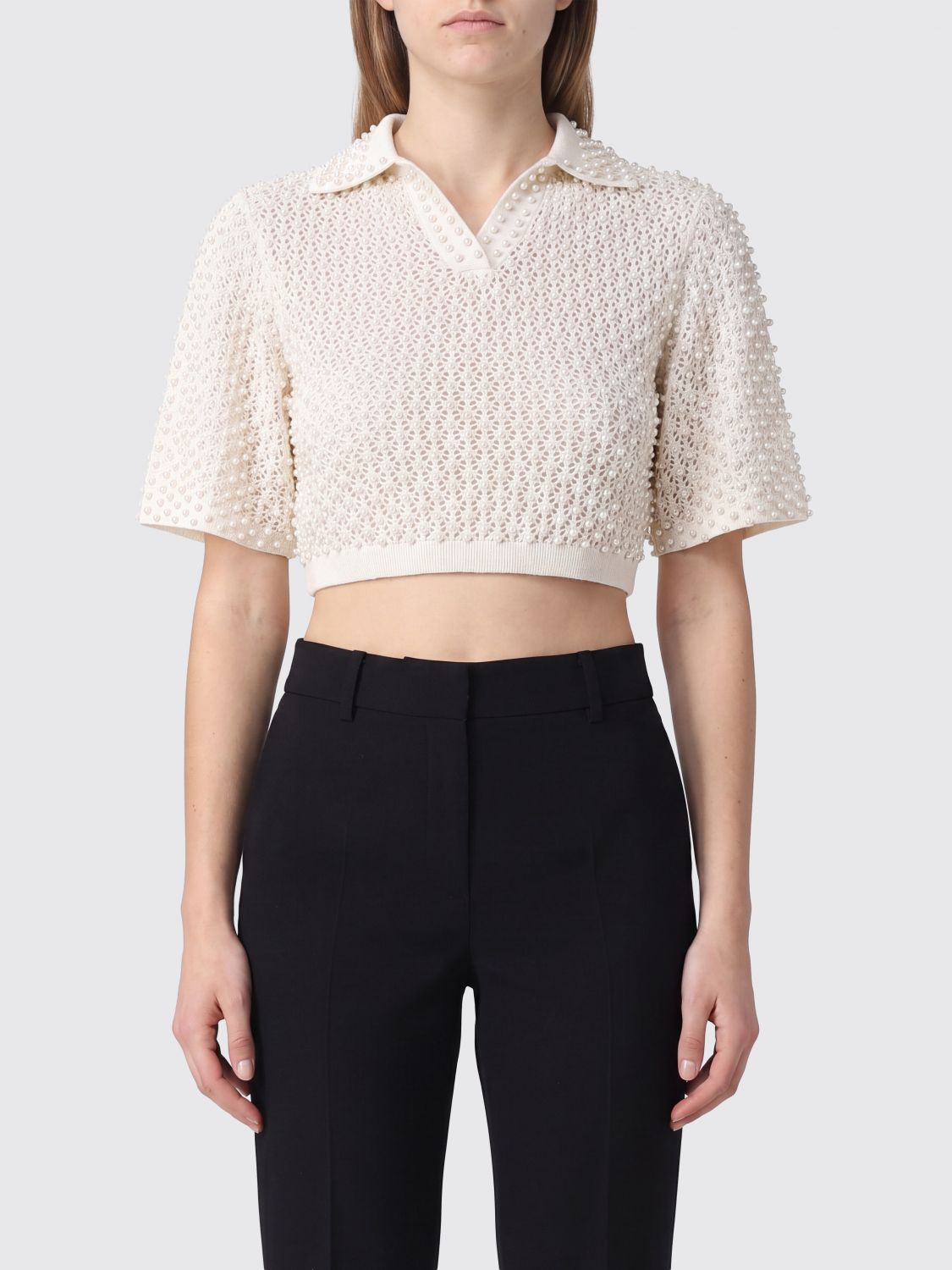 GIUSEPPE DI MORABITO Cropped Crochet Cotton Polo Top