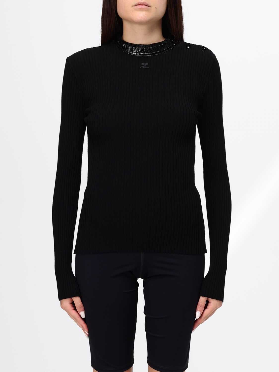 COURRÈGES Maglia girocollo a coste in jersey di viscosa con vestibilità slim