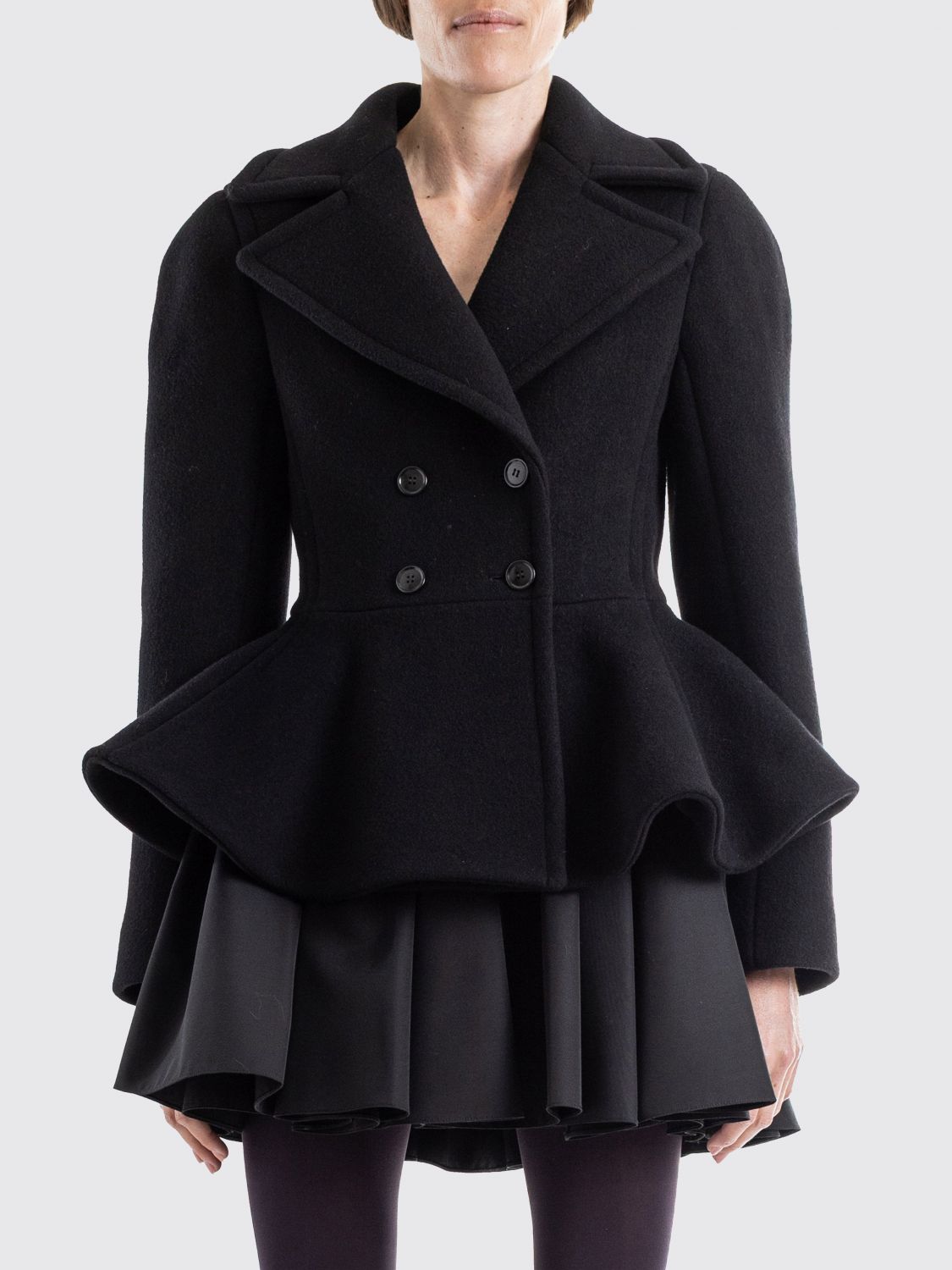 ALAÏA Slim Fit Double-Breasted Short Wool Coat with Lapel Collar