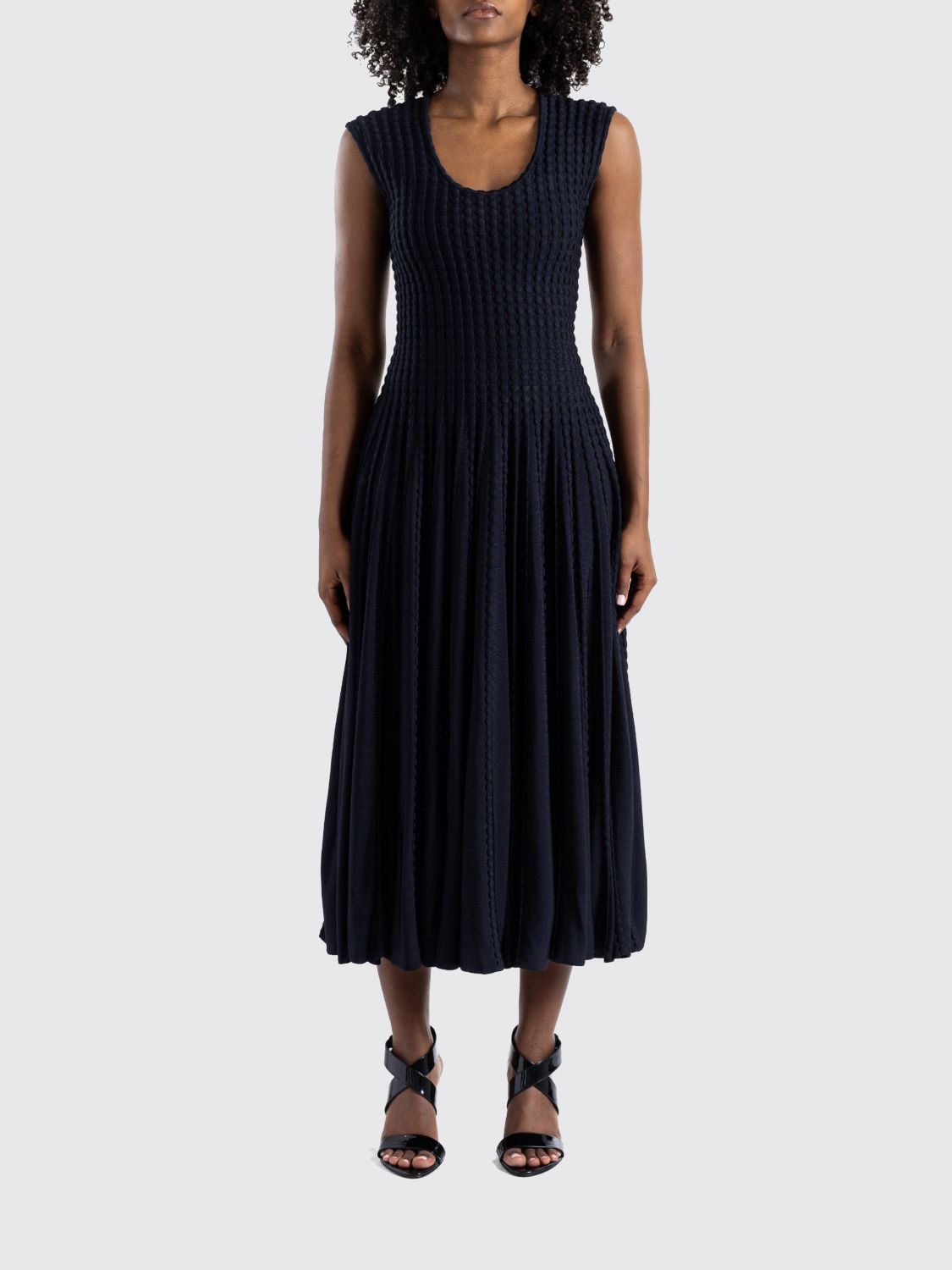 ALAÏA Sleeveless Knit Midi Dress with Crew Neckline