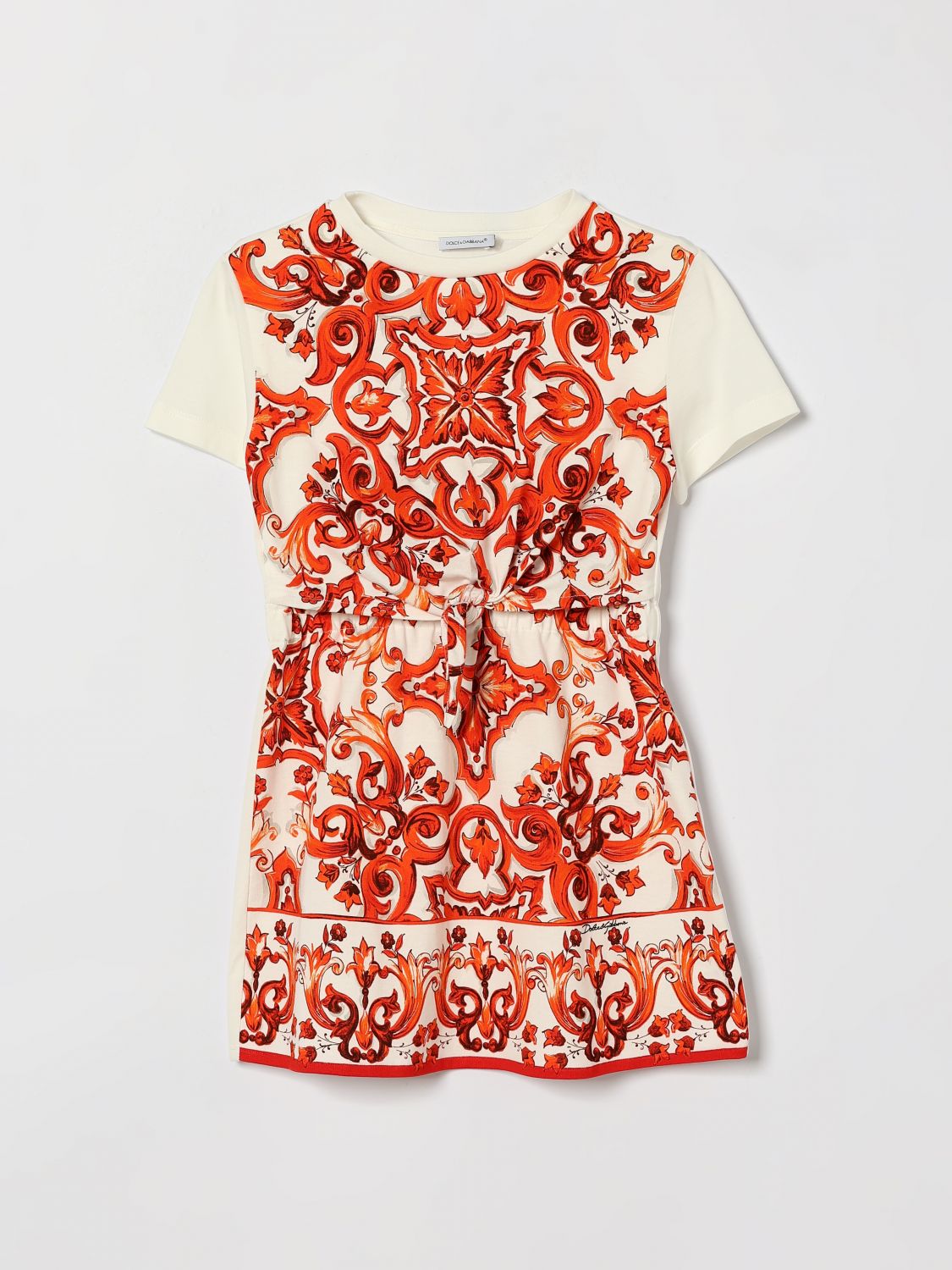 DOLCE & GABBANA Mini abito da bambina in cotone con stampa Maioliche