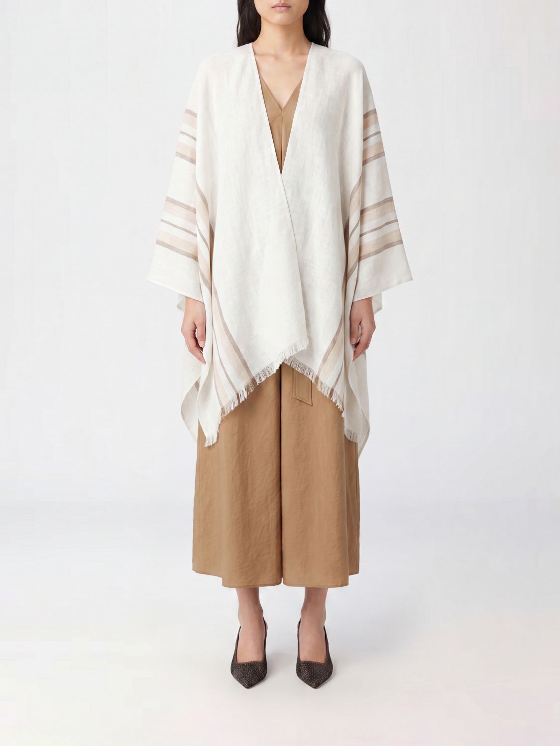 BRUNELLO CUCINELLI Asymmetrical Striped Linen and Cashmere Cape