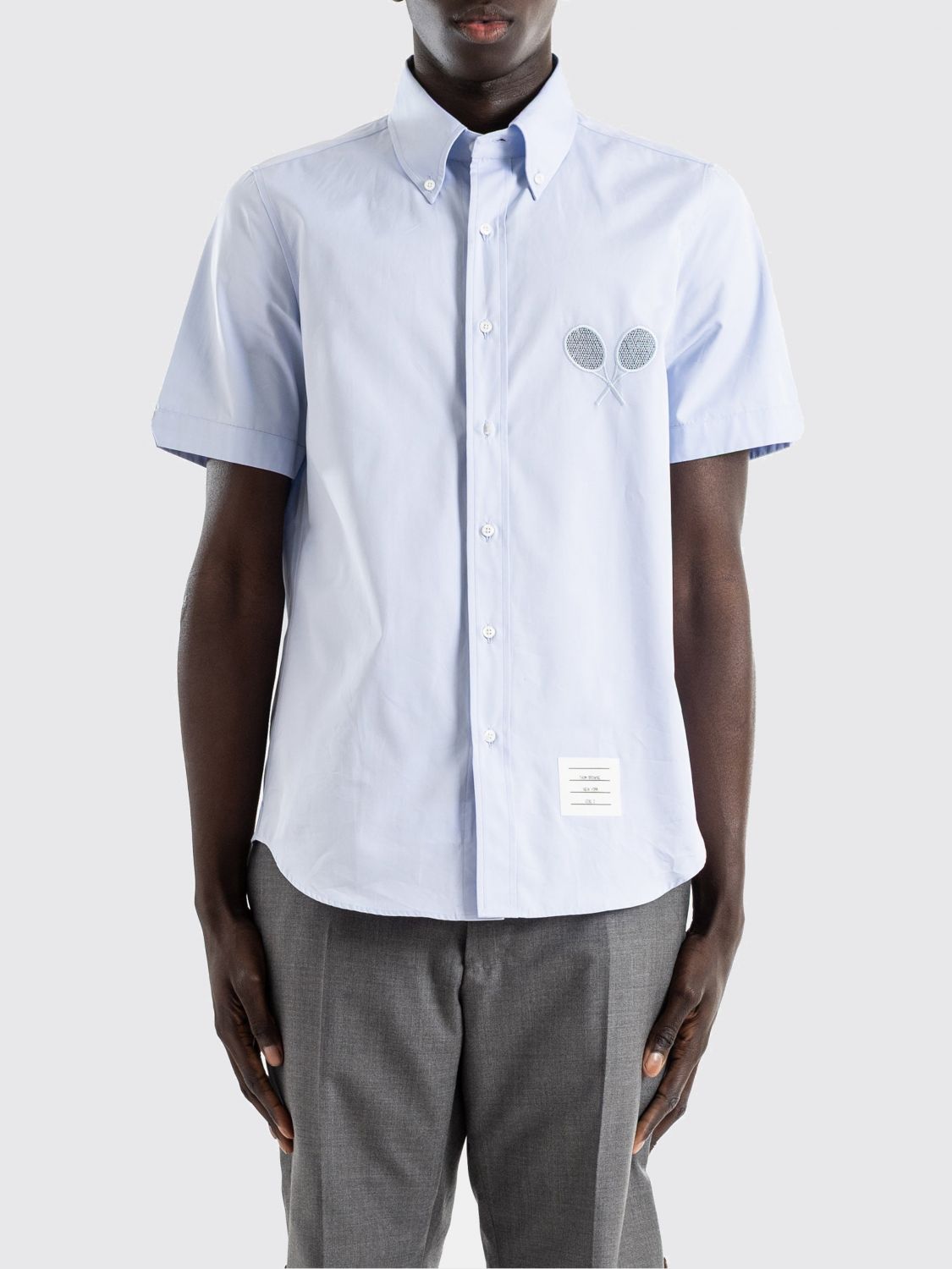 THOM BROWNE Camicia a maniche corte in popeline di cotone con collo button-down