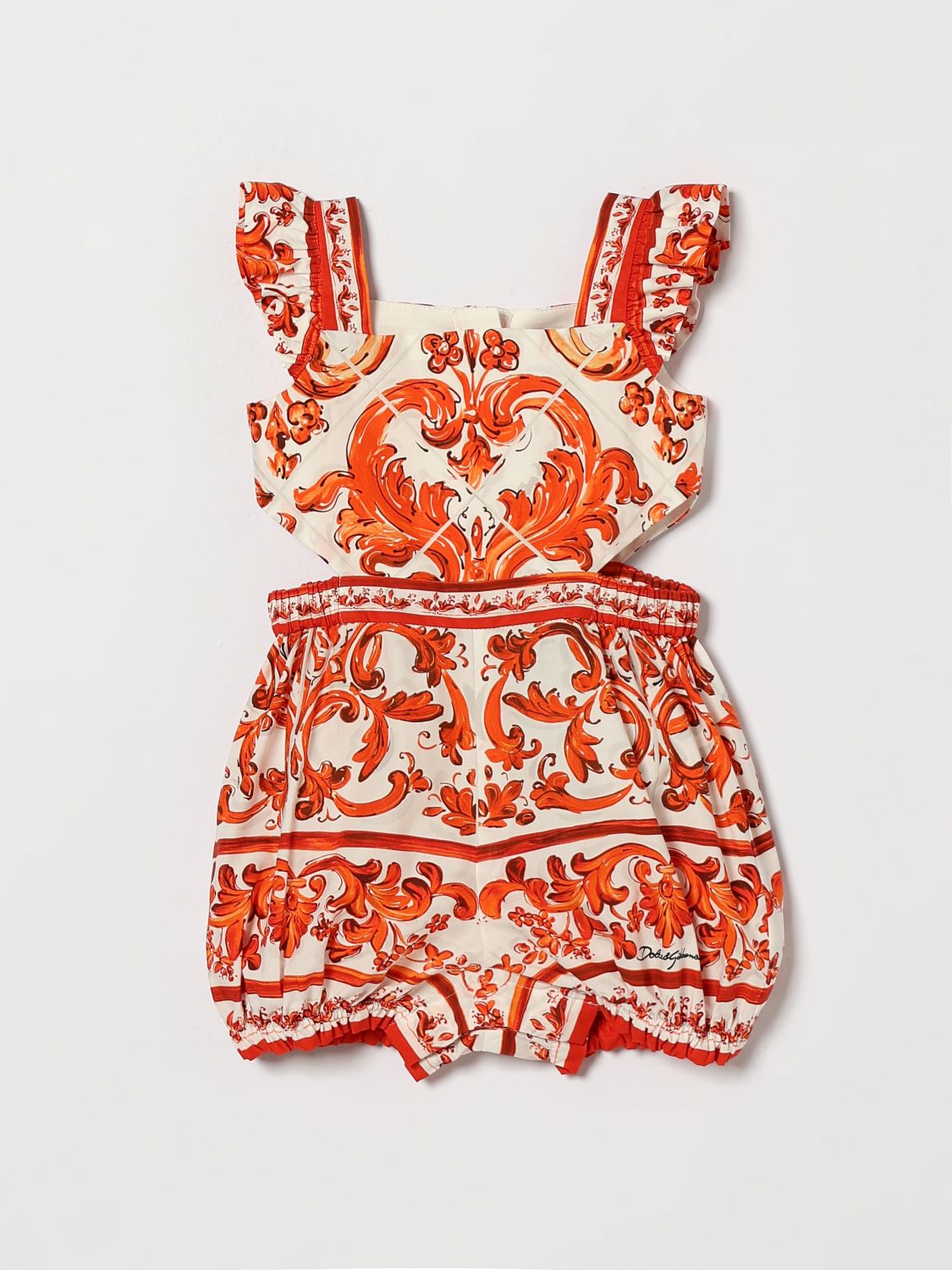 DOLCE & GABBANA Girl's Majolica Print Poplin Playsuit with Square Neckline