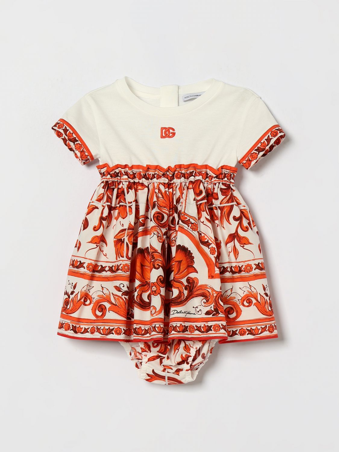 DOLCE & GABBANA Set abito e culotte da bambina in cotone con stampa Maioliche