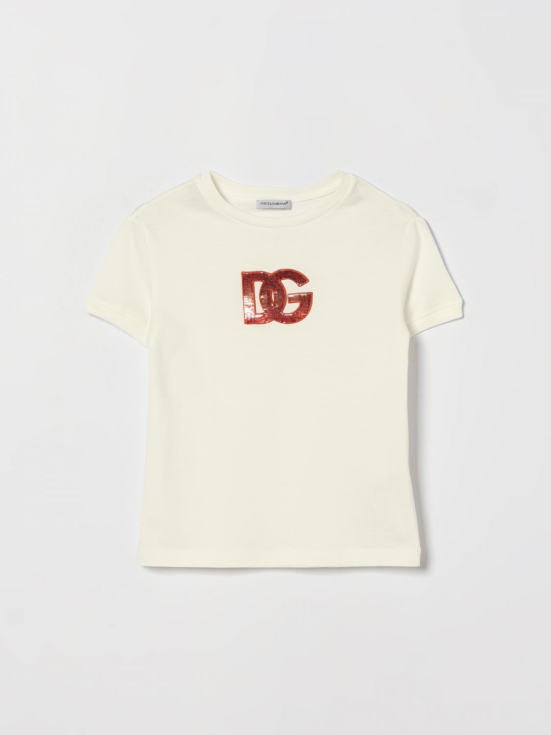 DOLCE & GABBANA T-shirt da bambina in cotone con monogram DG in paillettes