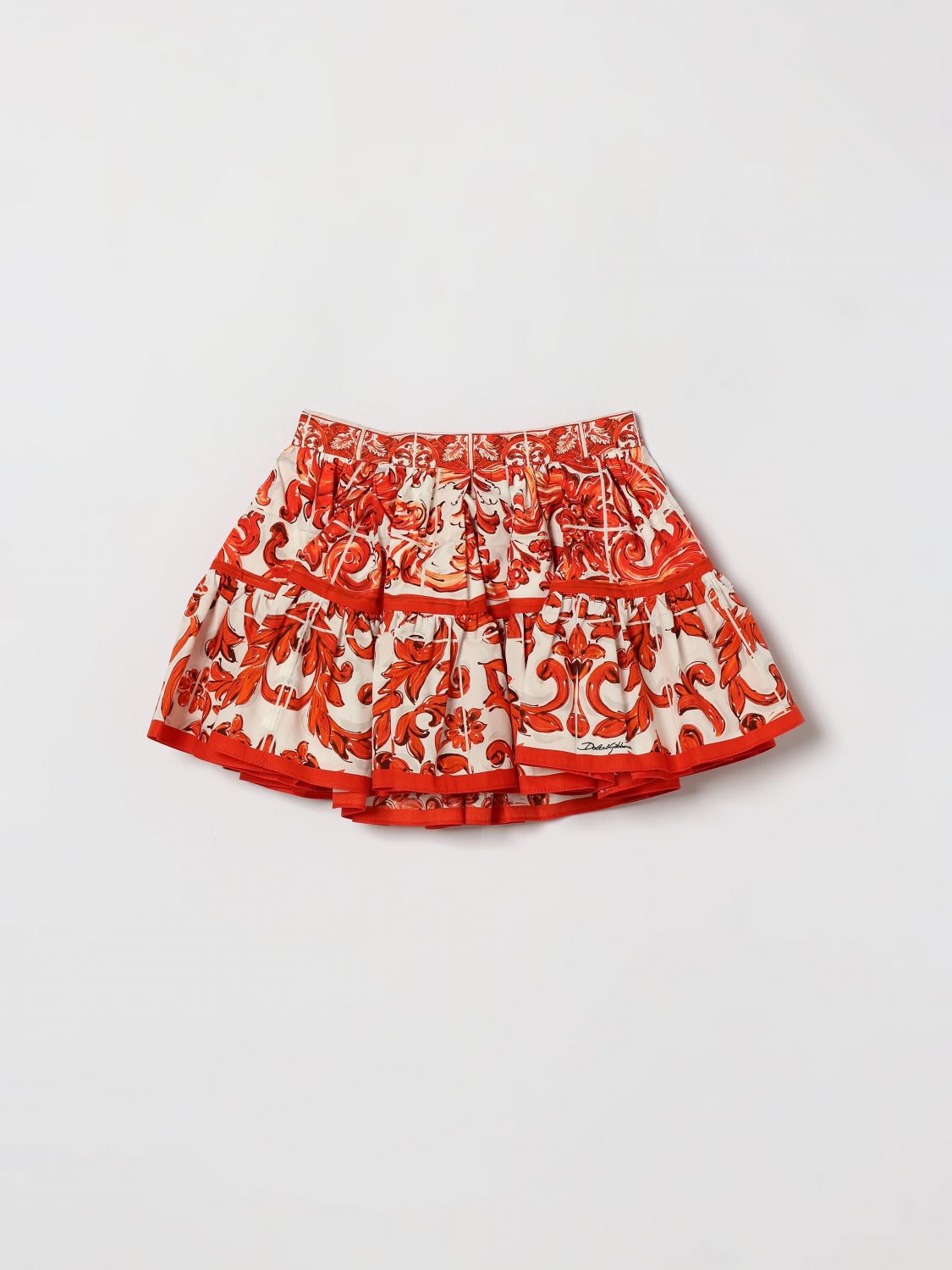 DOLCE & GABBANA Girl's Majolica Print Flared Mini Skirt in Cotton Poplin