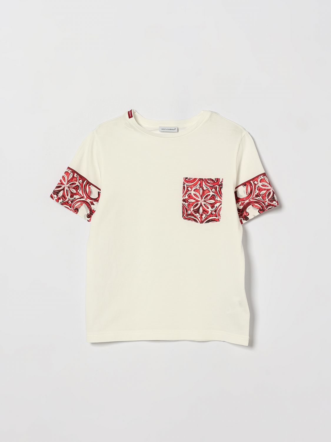 DOLCE & GABBANA T-shirt da bambino in cotone con stampa Maioliche e taschino