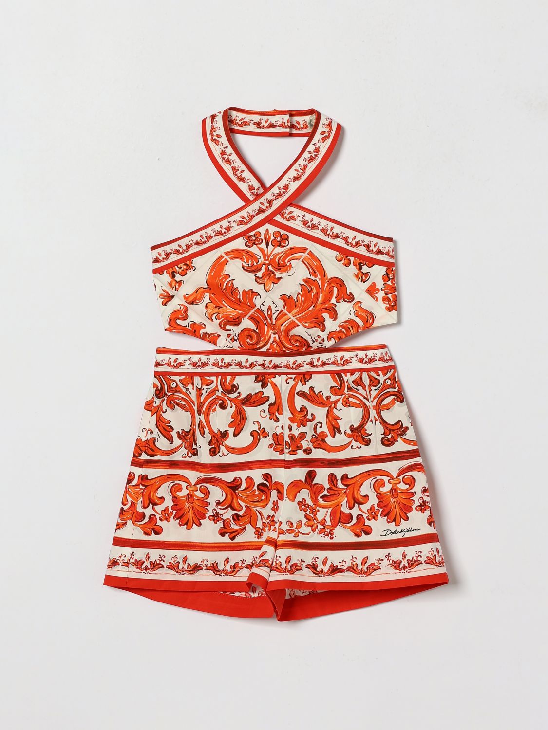 DOLCE & GABBANA Girl's Majolica Print Cotton Halterneck Jumpsuit