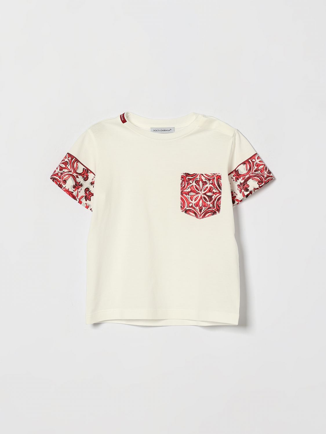 DOLCE & GABBANA Boy's Majolica Print Cotton T-Shirt with Patch Pocket