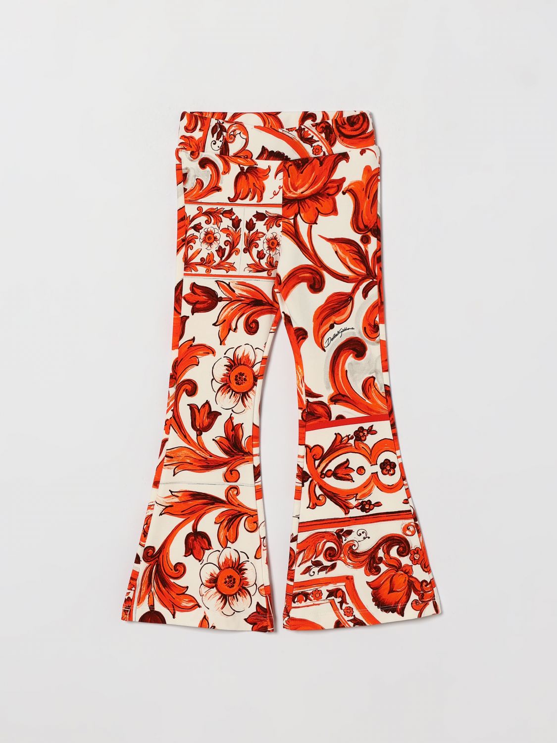 DOLCE & GABBANA Leggings flared da bambina in cotone stretch con stampa Maioliche