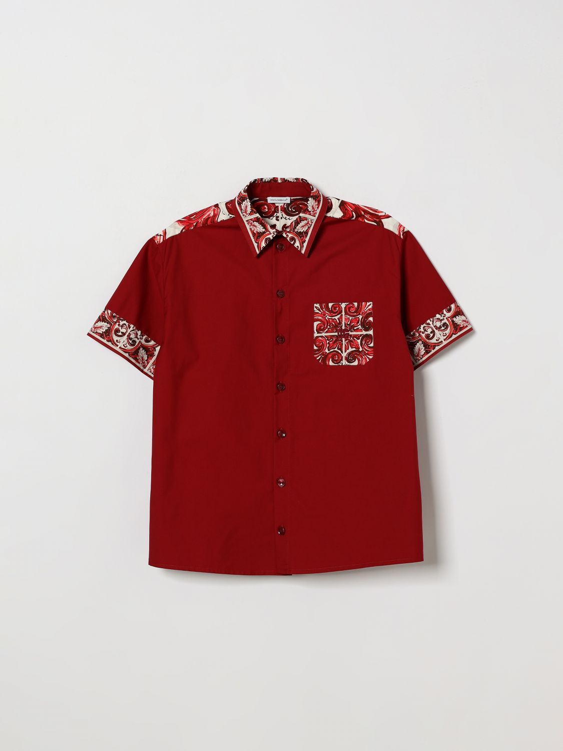 DOLCE & GABBANA Camicia bowling da bambino in cotone con stampa Maioliche