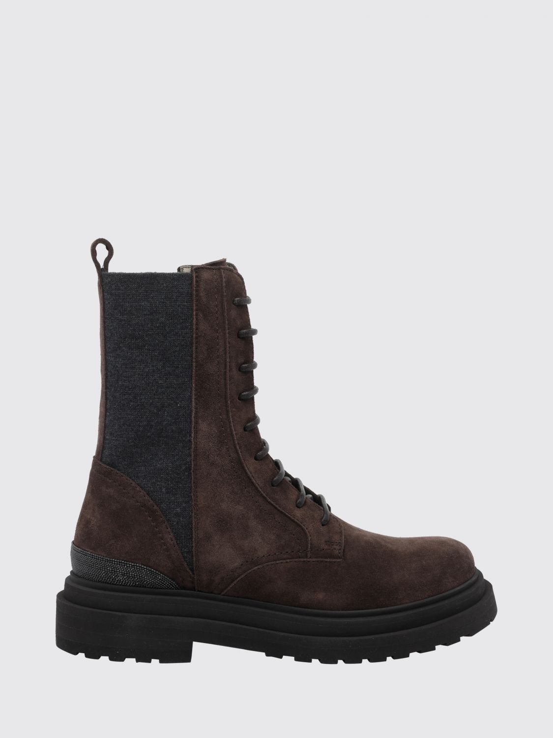 BRUNELLO CUCINELLI Suede Combat Boots with Monili and Side Zip