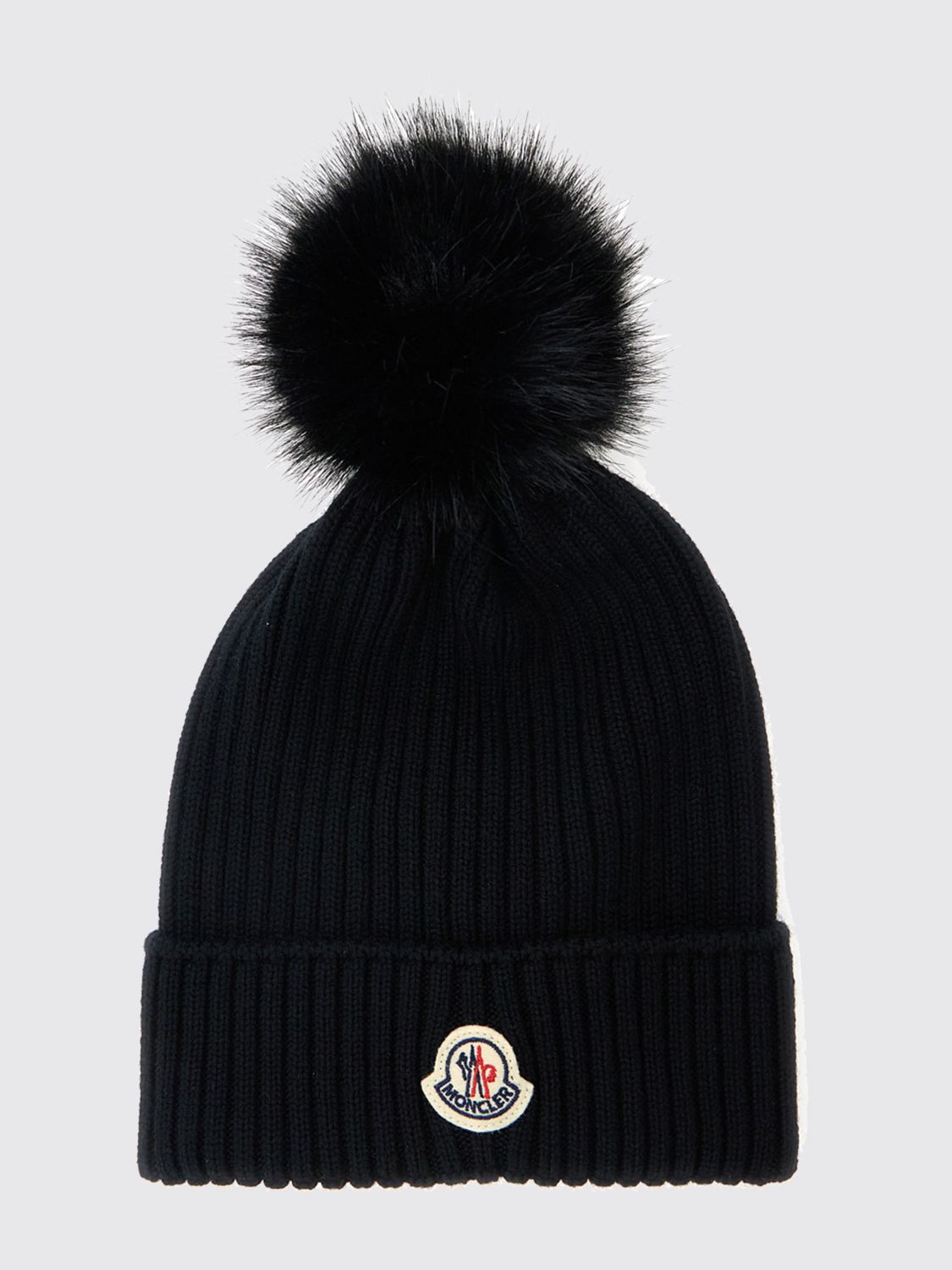 MONCLER Boy's Ribbed Wool Beanie with Pom-Pom and Logo Patch　MONCLER ボーイズ リブウール ビーニー ポンポンとロゴパッチ付き MONCLER