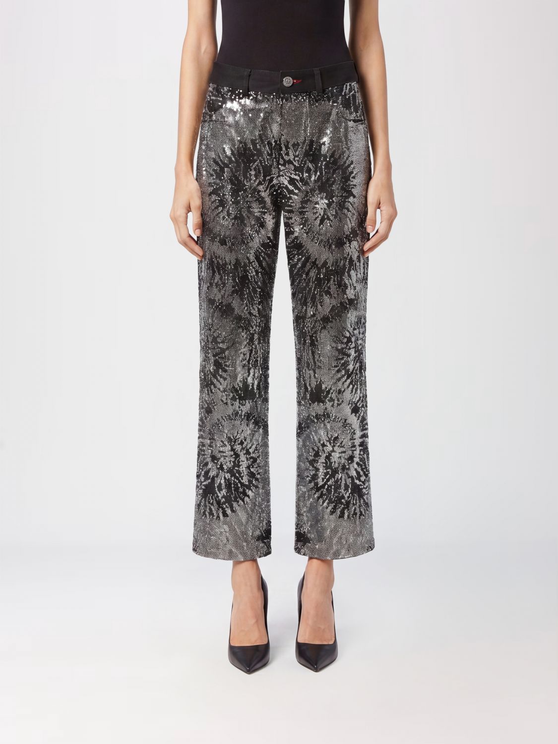 PHILIPP PLEIN Jeans cropped in denim stretch a gamba larga con cristalli