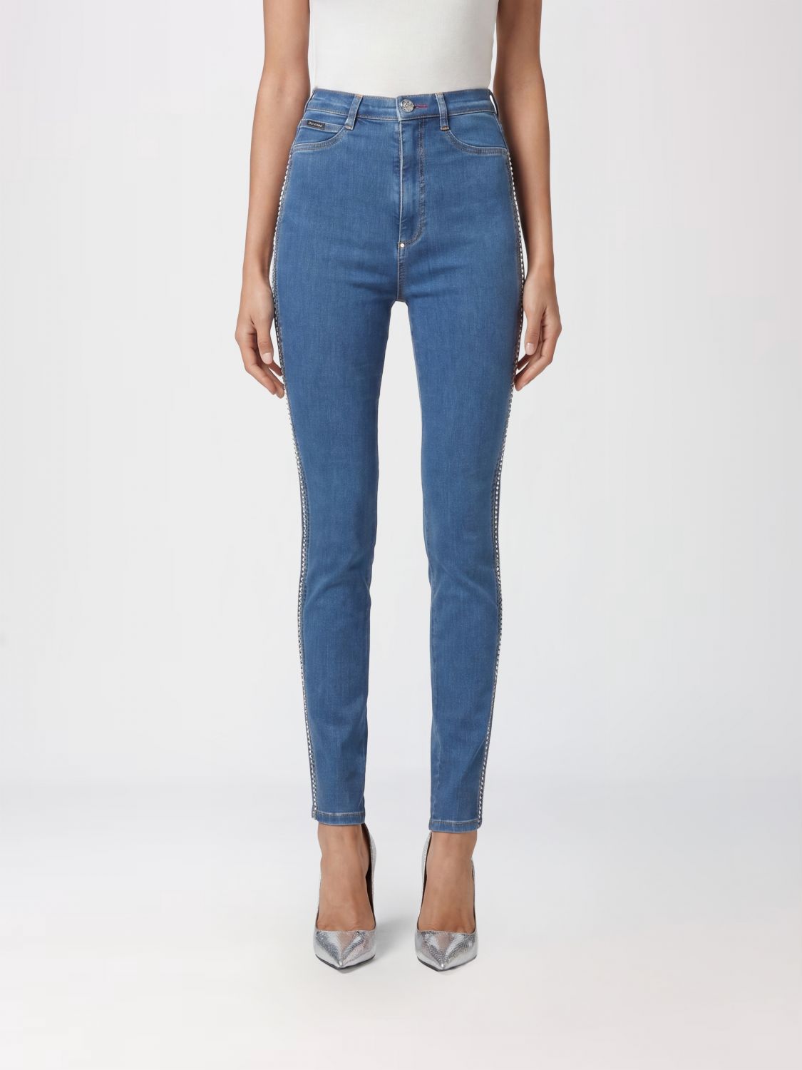 PHILIPP PLEIN Jeans skinny in denim di cotone a vita alta con cinque tasche