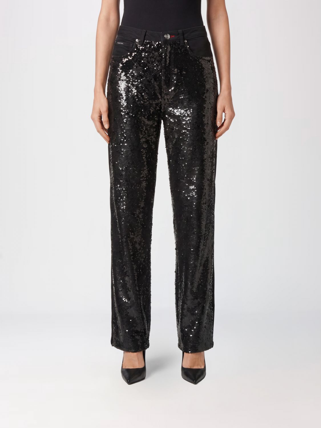 PHILIPP PLEIN Jeans straight a vita media in denim con ricamo di paillettes