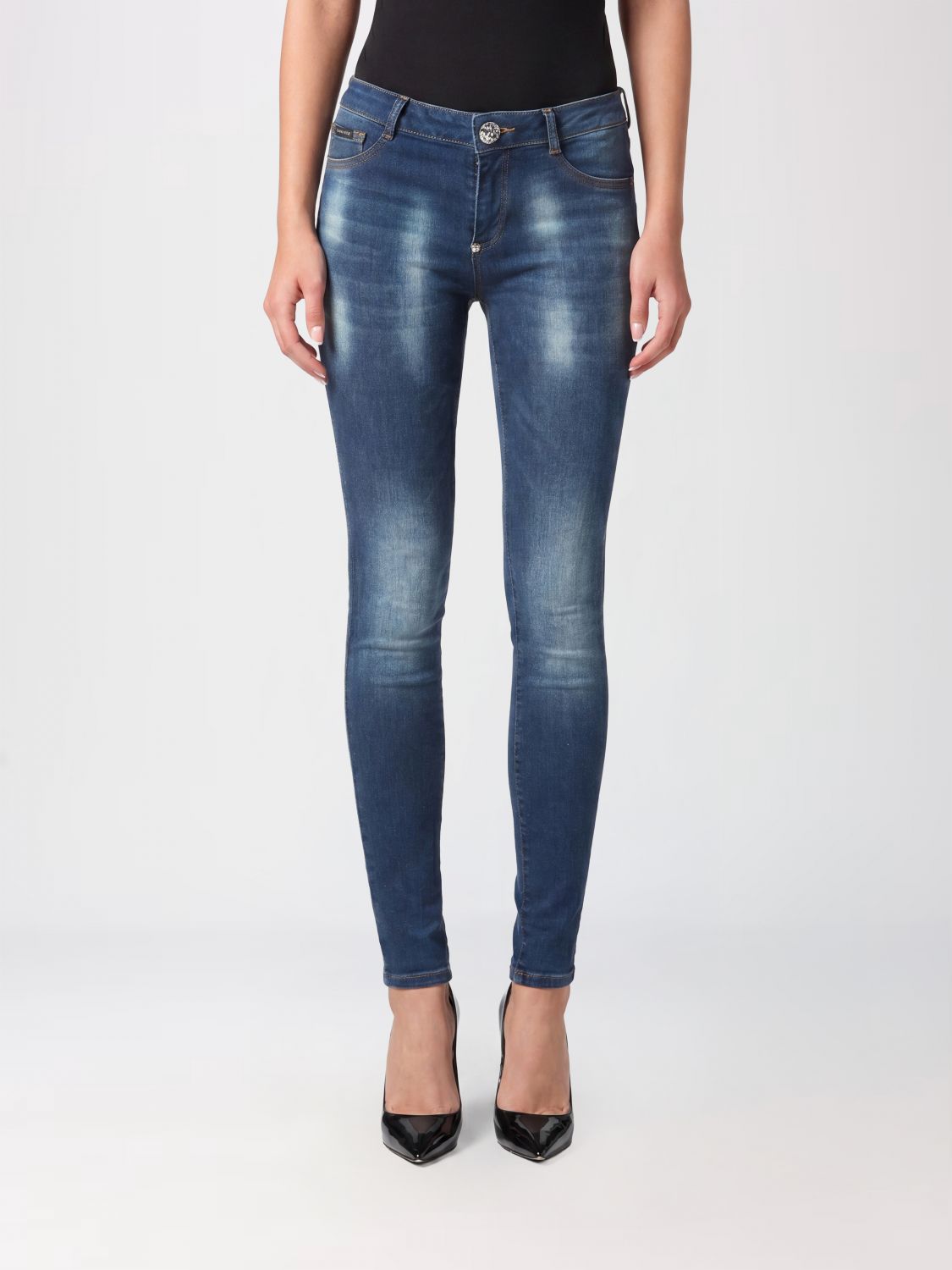 PHILIPP PLEIN Cropped Skinny Stretch Denim Jeans with Hexagon Logo