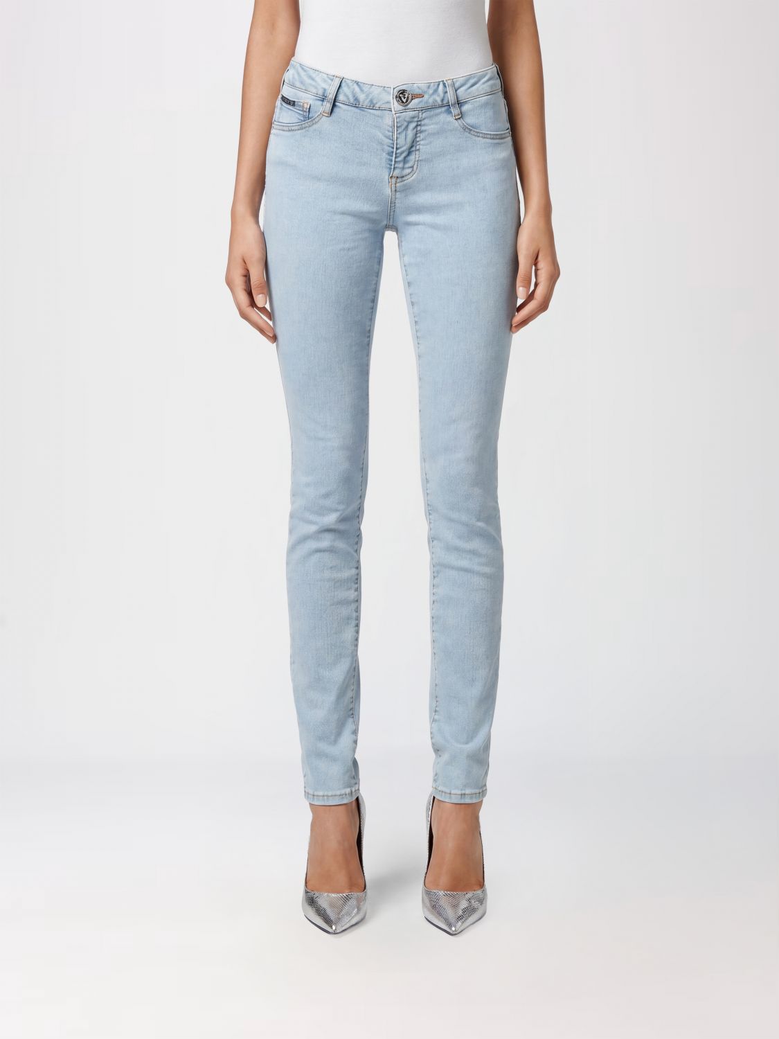 PHILIPP PLEIN Cropped Skinny Stretch Denim Jeans with Hexagon Logo