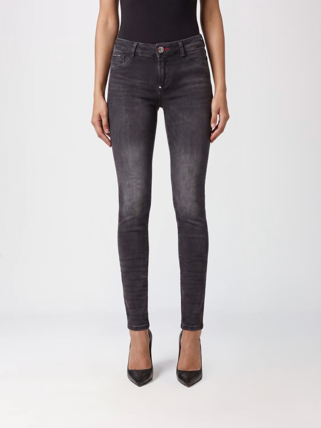 PHILIPP PLEIN Cropped Skinny Stretch Denim Jeans with Hexagon Logo