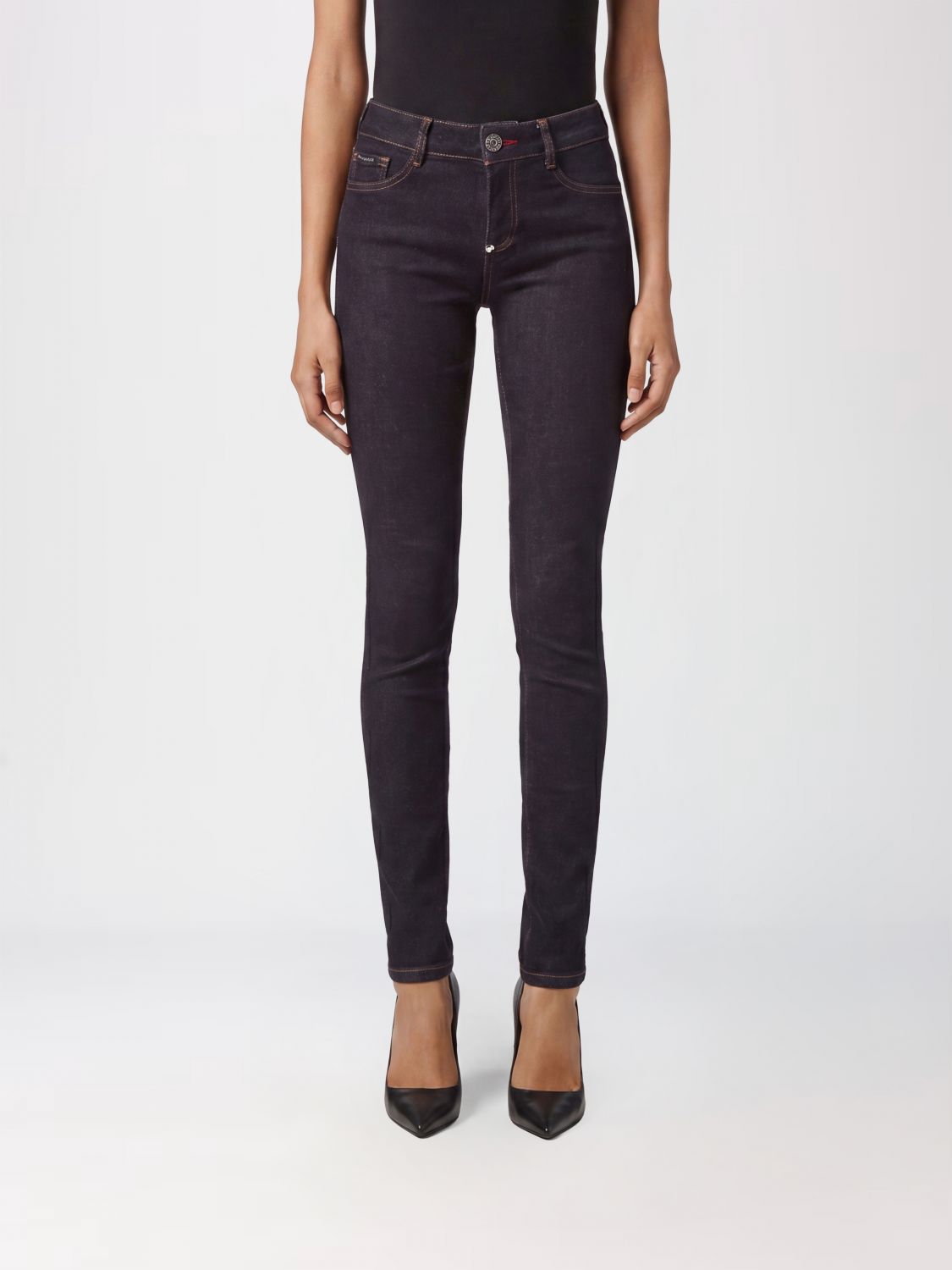 PHILIPP PLEIN Cropped Skinny Stretch Denim Jeans with Hexagon Logo