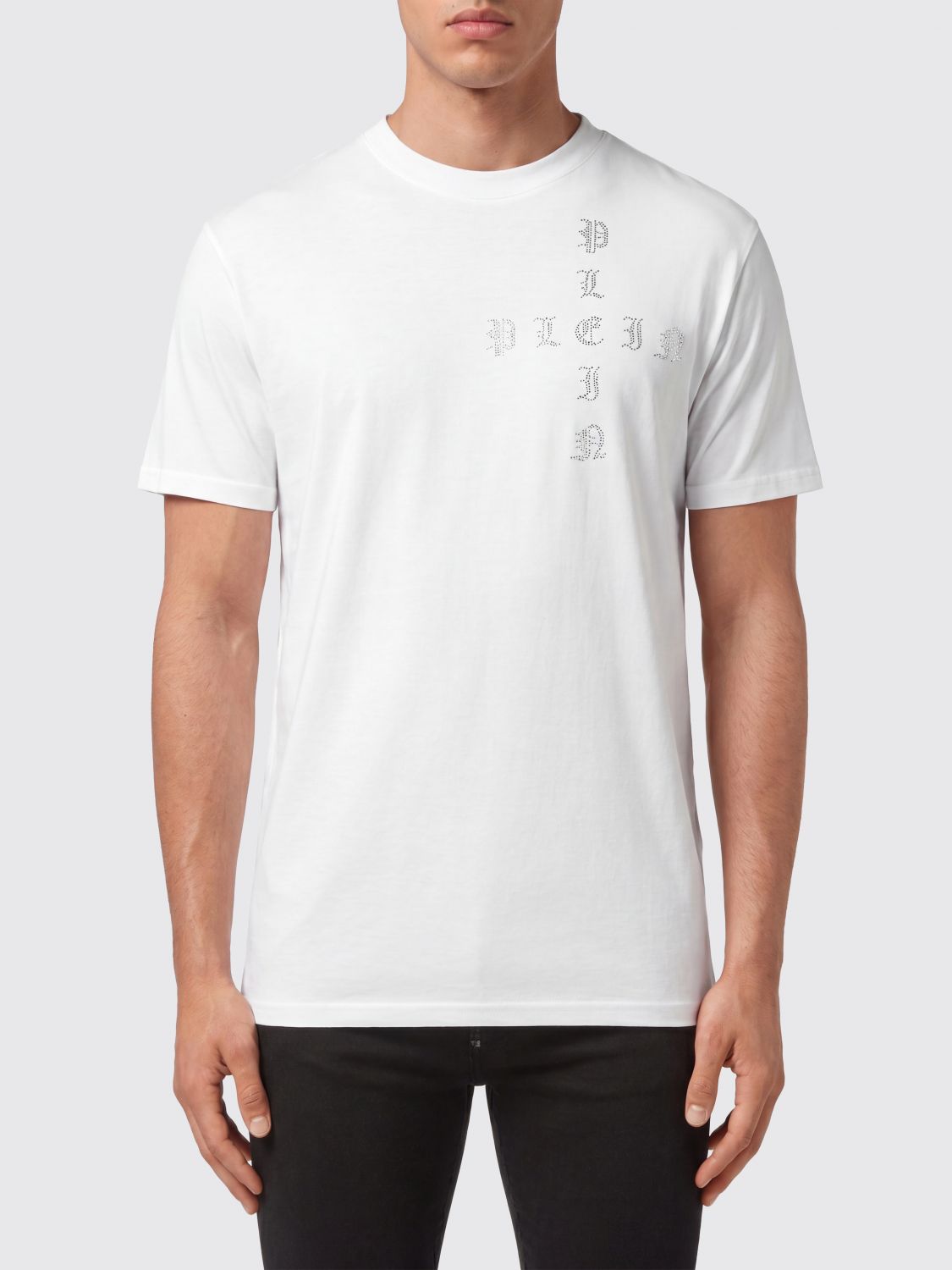 PHILIPP PLEIN T-shirt girocollo in cotone con lettering logo in strass
