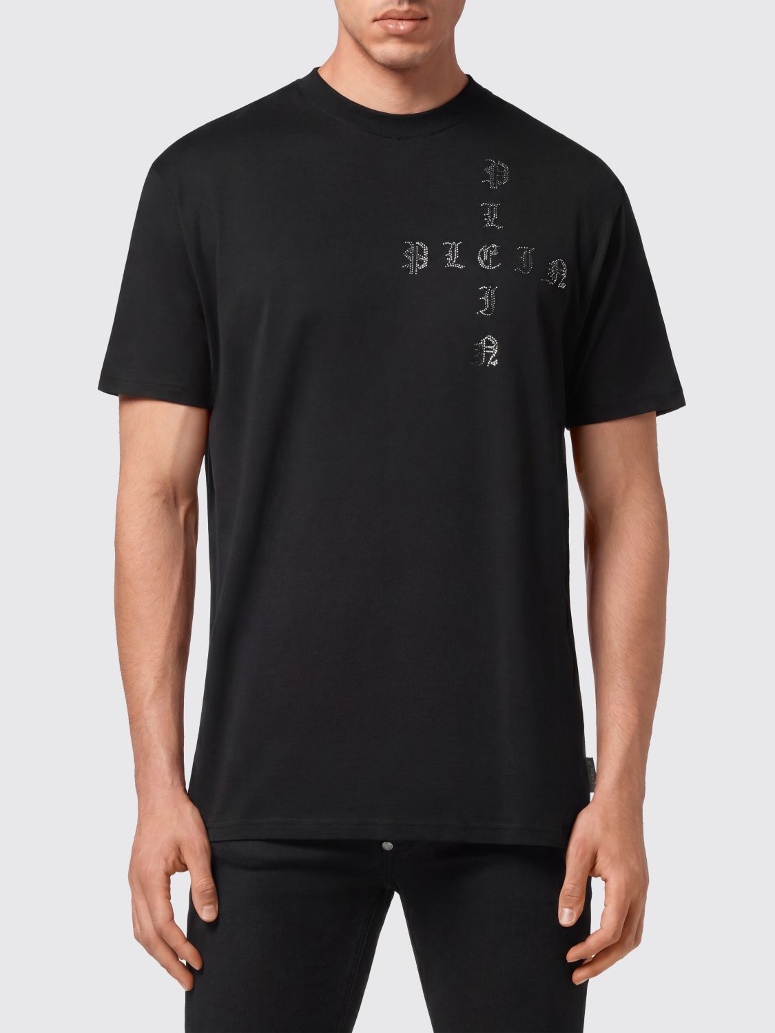 PHILIPP PLEIN Cotton Crewneck T-shirt with Rhinestone Logo Lettering