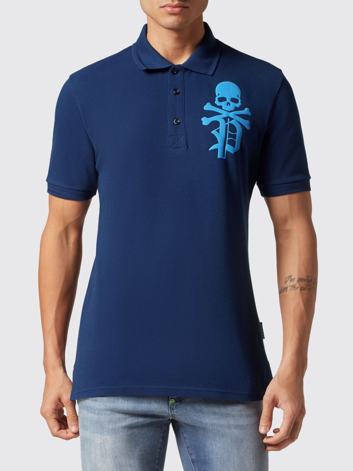 PHILIPP PLEIN Polo in cotone a maniche corte con stampa Skull e logo
