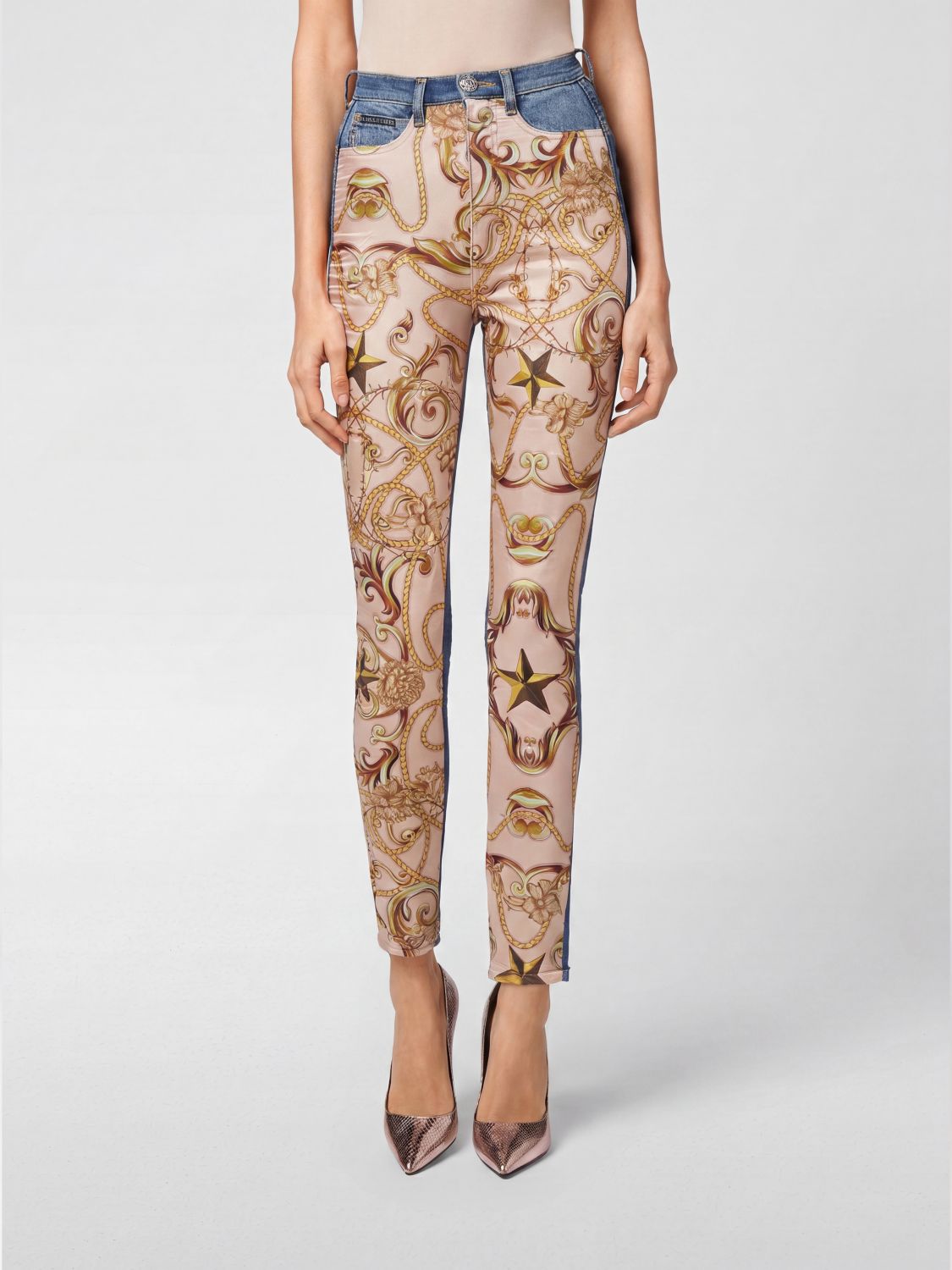 PHILIPP PLEIN Jeans skinny cropped in denim con stampa barocca a vita alta