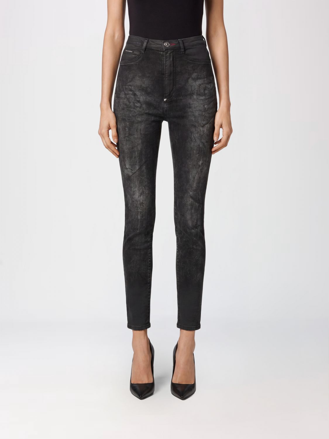PHILIPP PLEIN Jeans skinny cropped in denim stretch a vita alta effetto used