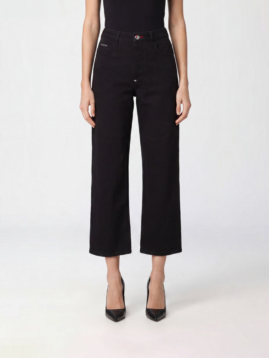 PHILIPP PLEIN Jeans cropped in denim stretch a gamba larga e vita alta