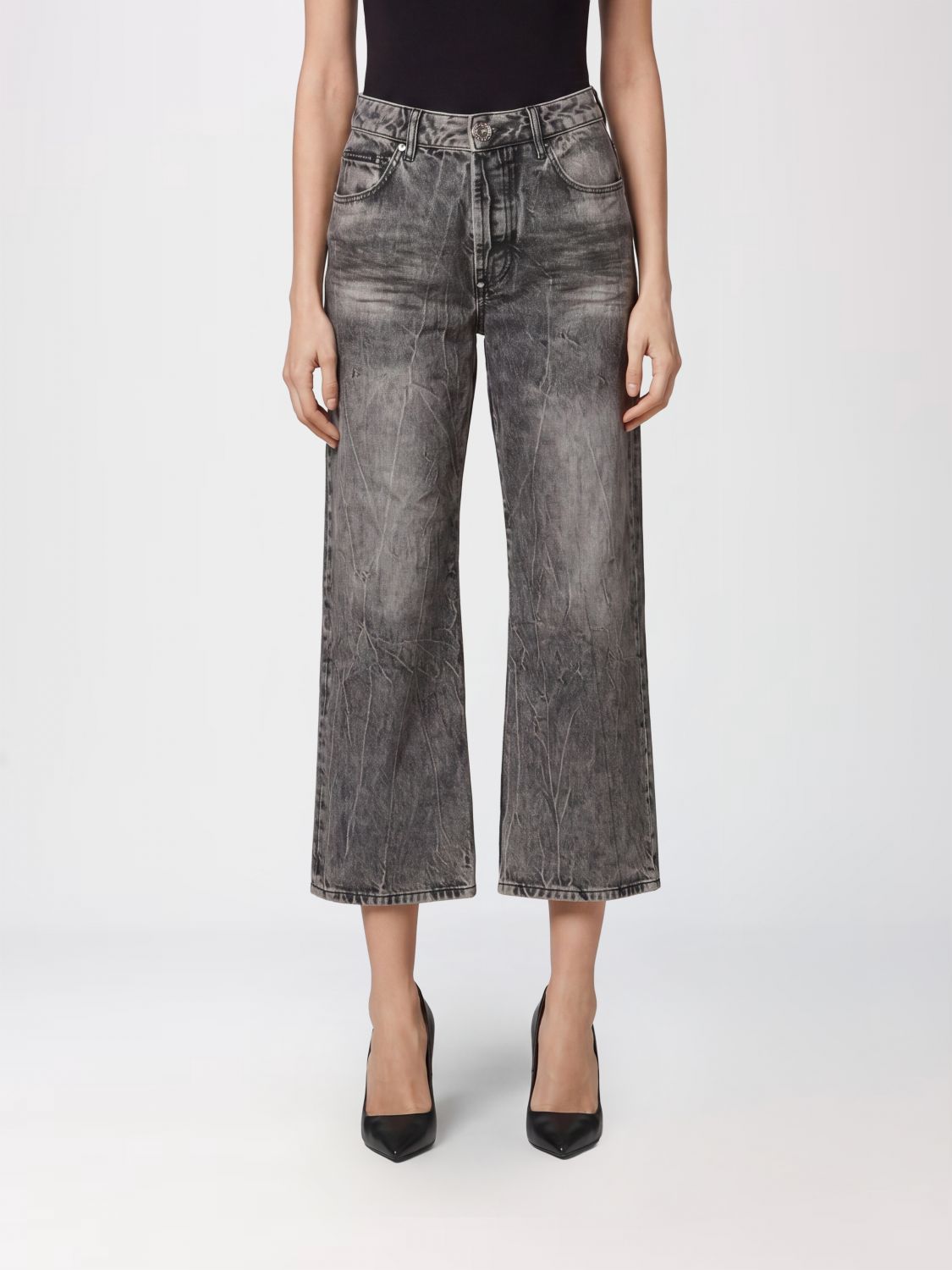 PHILIPP PLEIN Jeans cropped in denim stretch a gamba larga e vita alta