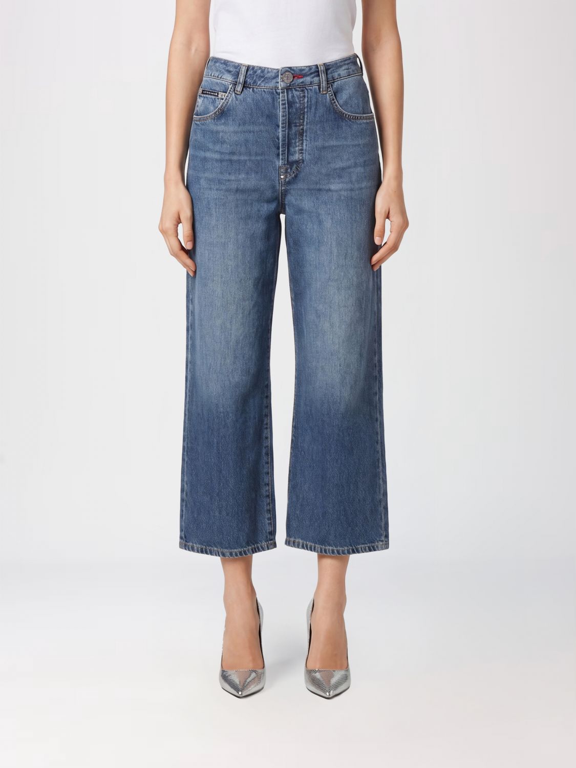 Philipp Plein High-Waisted Wide Leg Cropped Stretch Denim Jeans