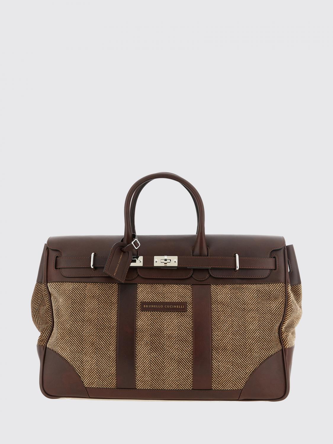 Brunello Cucinelli Chevron Pattern Canvas Travel Bag With Leather Details In Brown