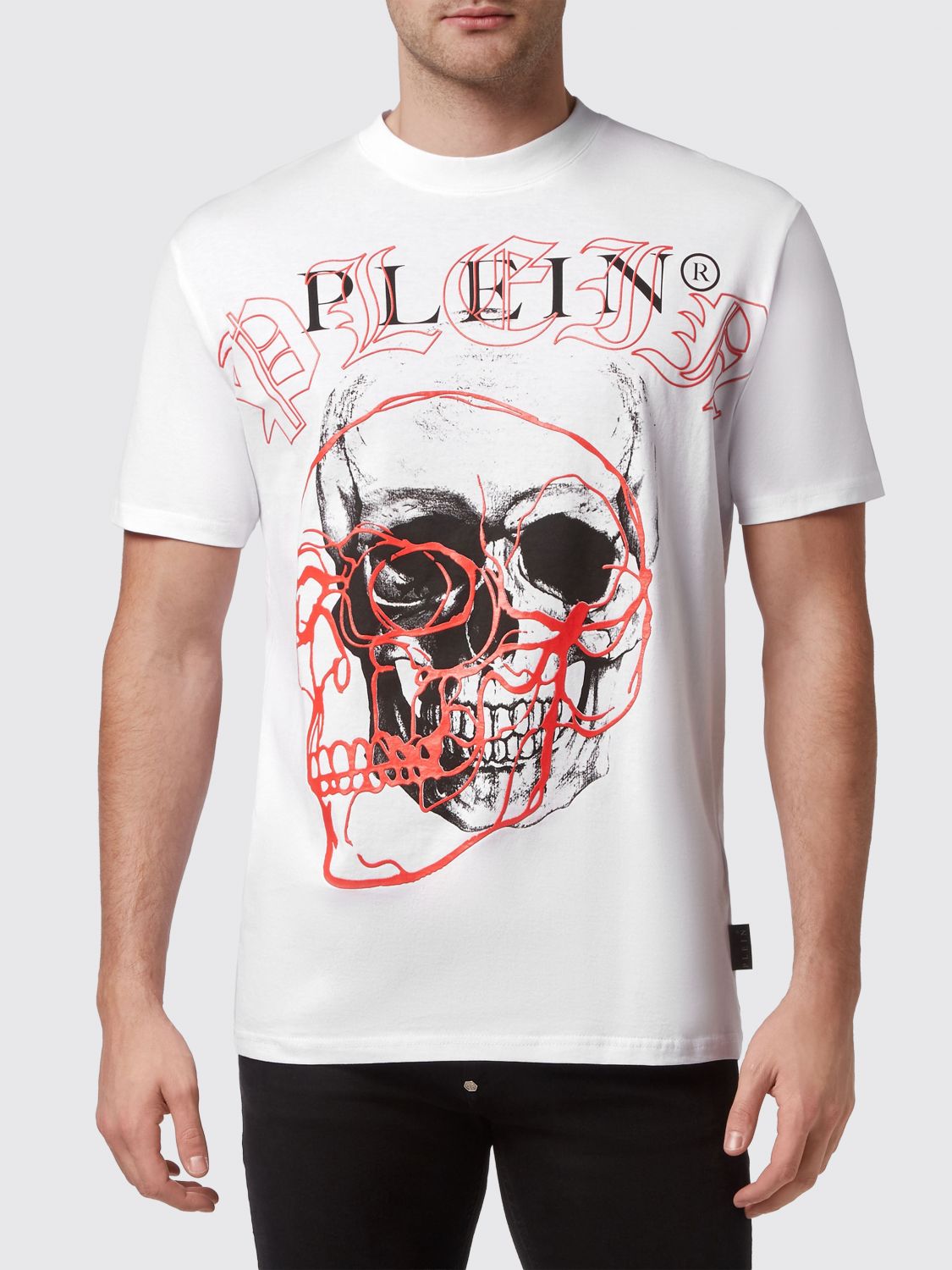 PHILIPP PLEIN T-shirt girocollo in cotone con stampa Skull e logo a contrasto