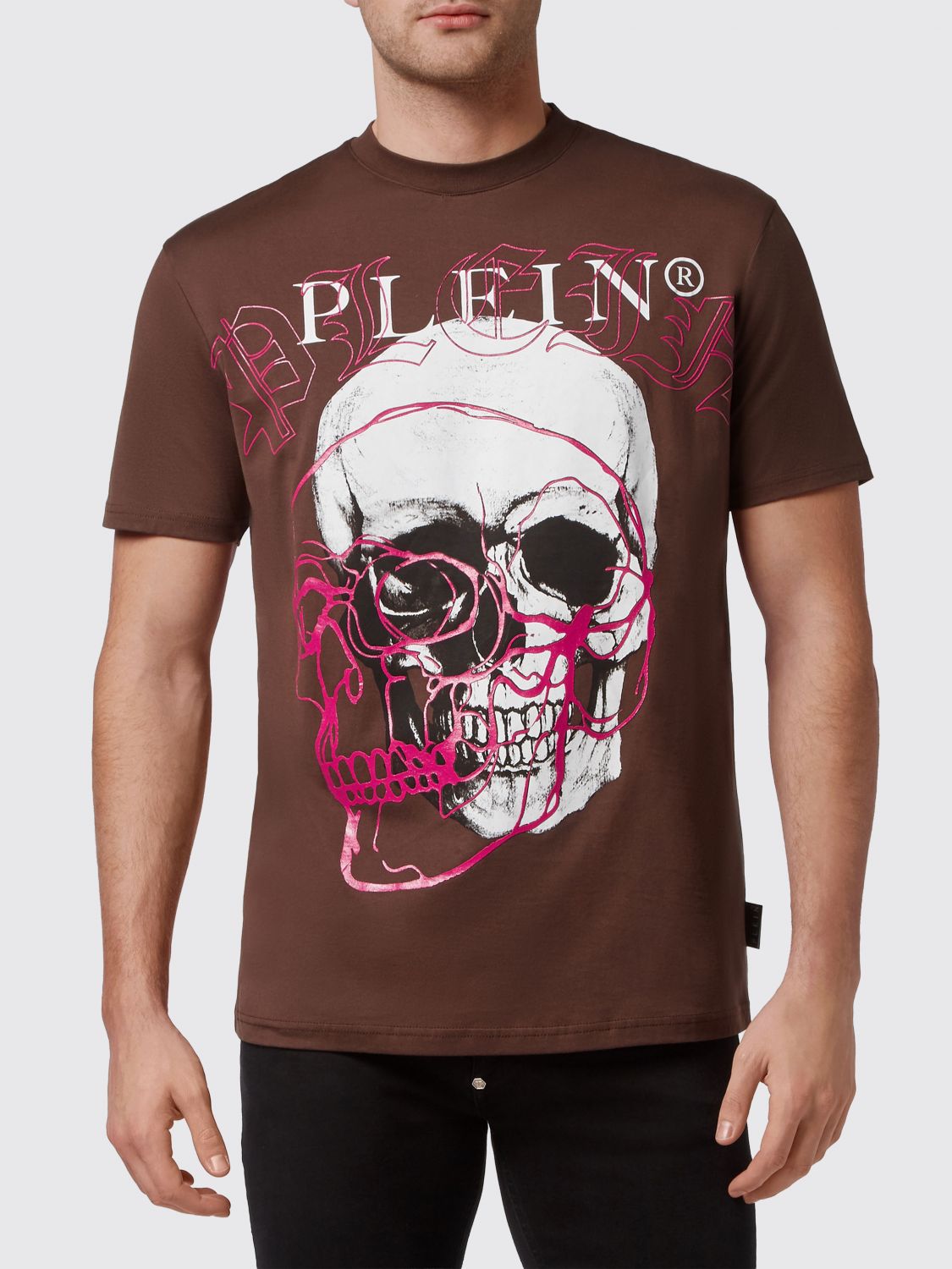 PHILIPP PLEIN T-shirt girocollo in cotone con stampa Skull e logo a contrasto