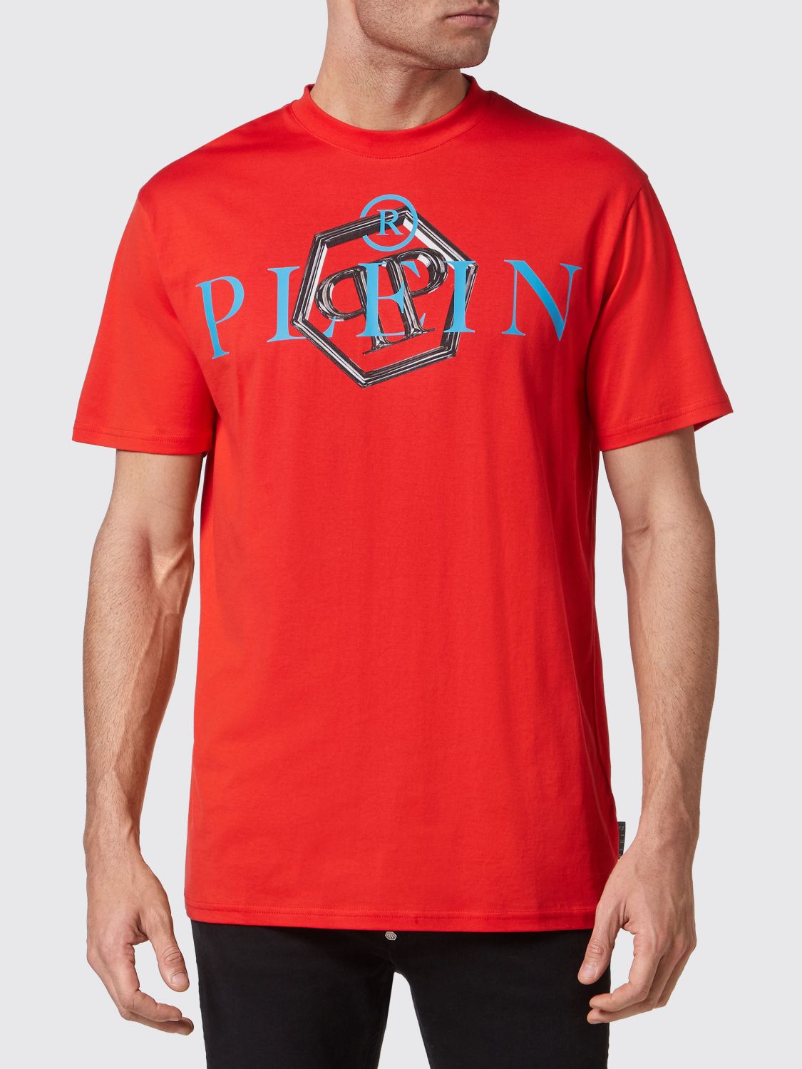 PHILIPP PLEIN T-shirt in cotone con girocollo e stampa logo a contrasto