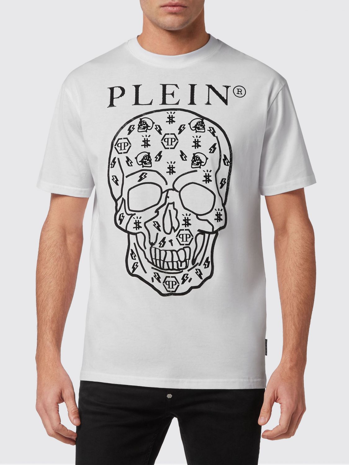 PHILIPP PLEIN T-shirt girocollo in cotone con stampa Skull e logo