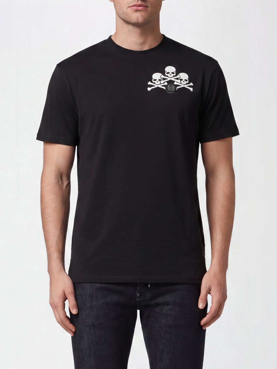 PHILIPP PLEIN Cotton T-Shirt with Skull Print and Monogram Motif