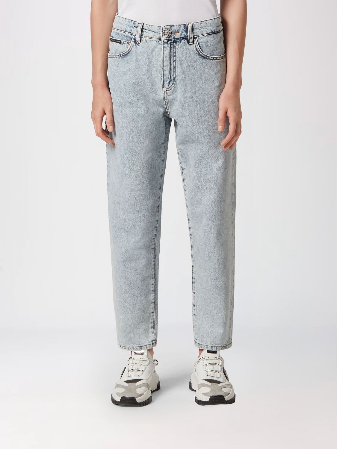 PHILIPP PLEIN Jeans straight in denim a vita alta con ricami e strass