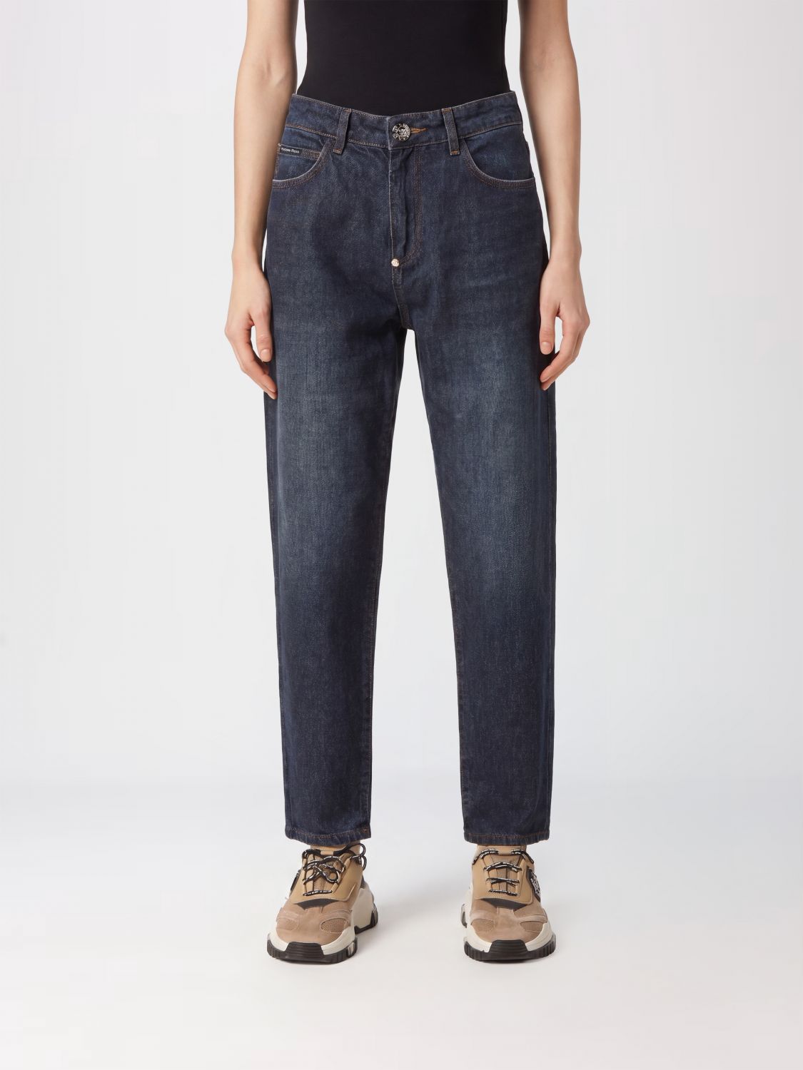 PHILIPP PLEIN High-Waisted Straight Leg Denim Jeans with Embroidery and Rhinestones