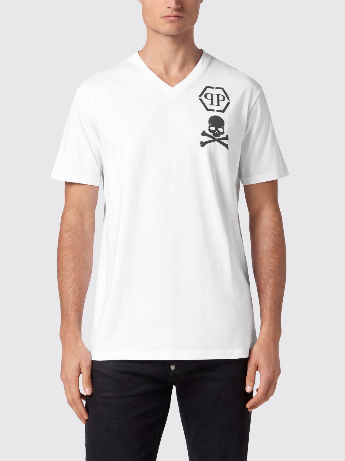 PHILIPP PLEIN T-shirt in cotone con scollo a V e logo Monogram