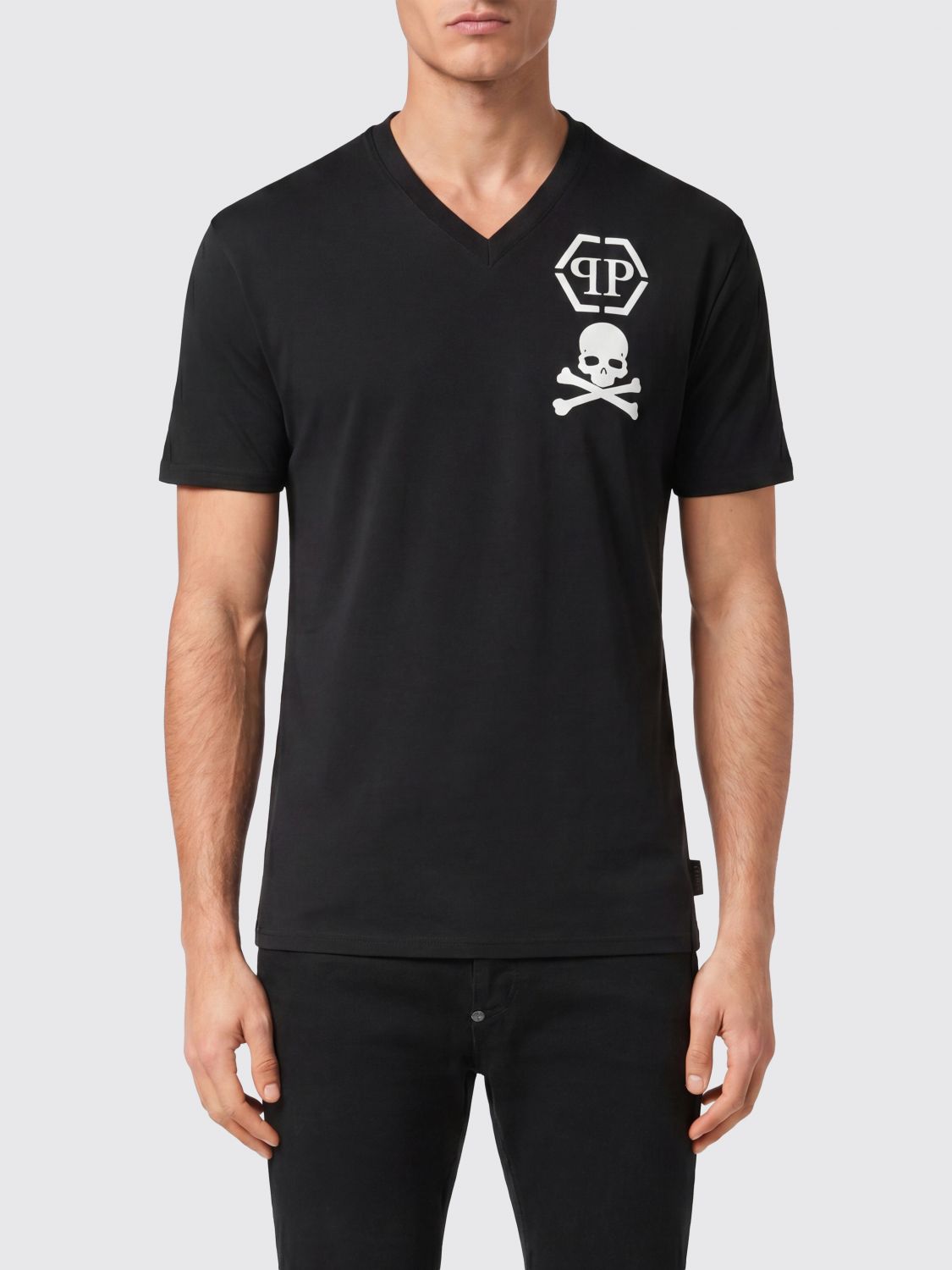 PHILIPP PLEIN T-shirt in cotone con scollo a V e logo Monogram