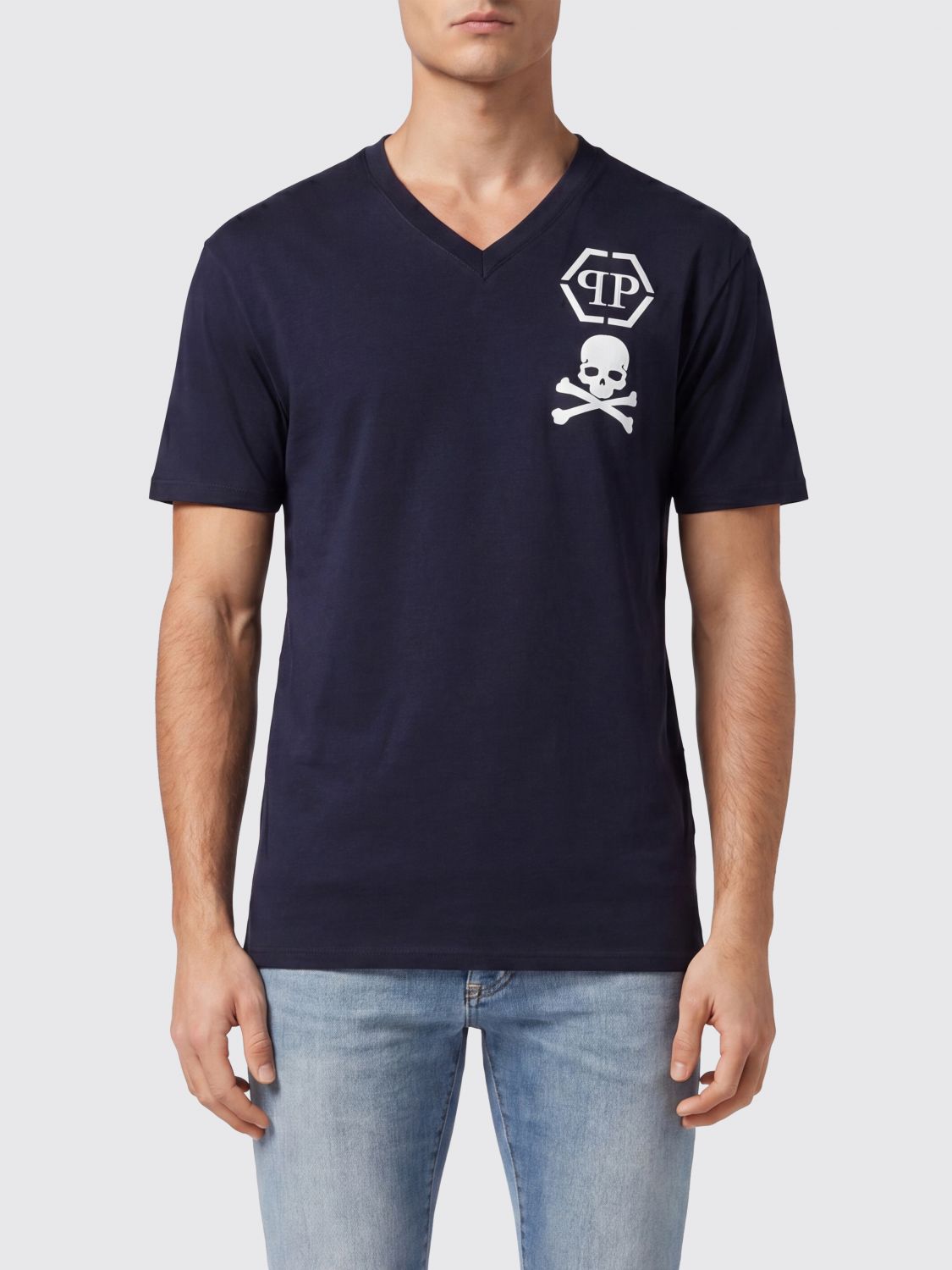 PHILIPP PLEIN T-shirt in cotone con scollo a V e logo Monogram