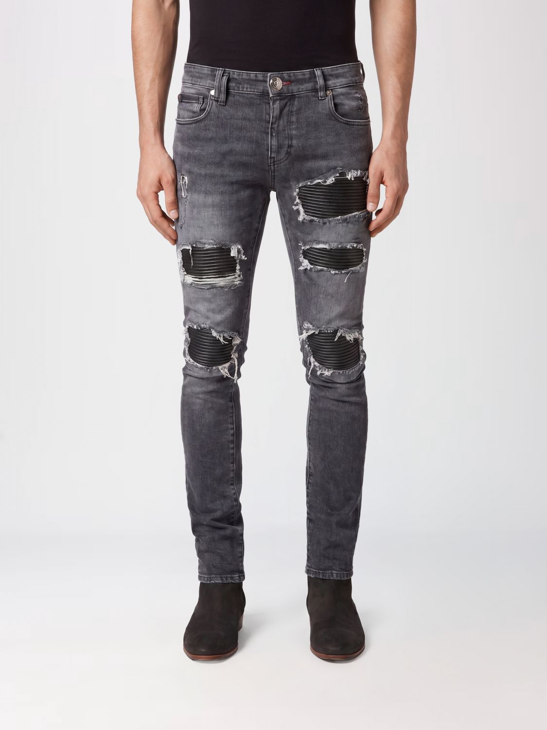 PHILIPP PLEIN Jeans skinny fit in denim di cotone con effetto usurato